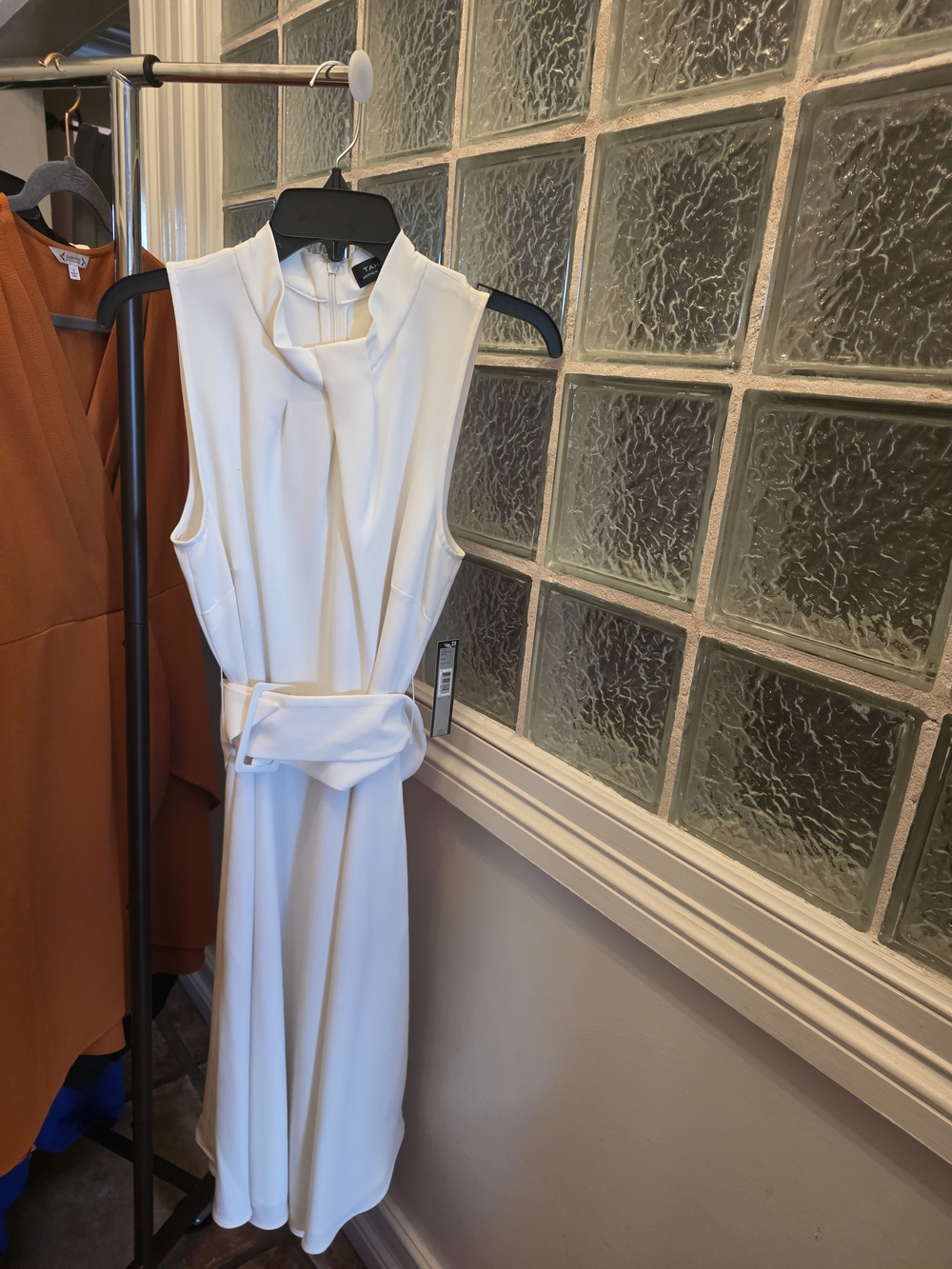 Tahari Sleeveless White Belted Midi Dress